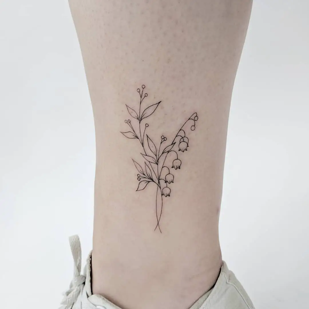 Simple Fineline Lily of the Valley Ankle Tattoo